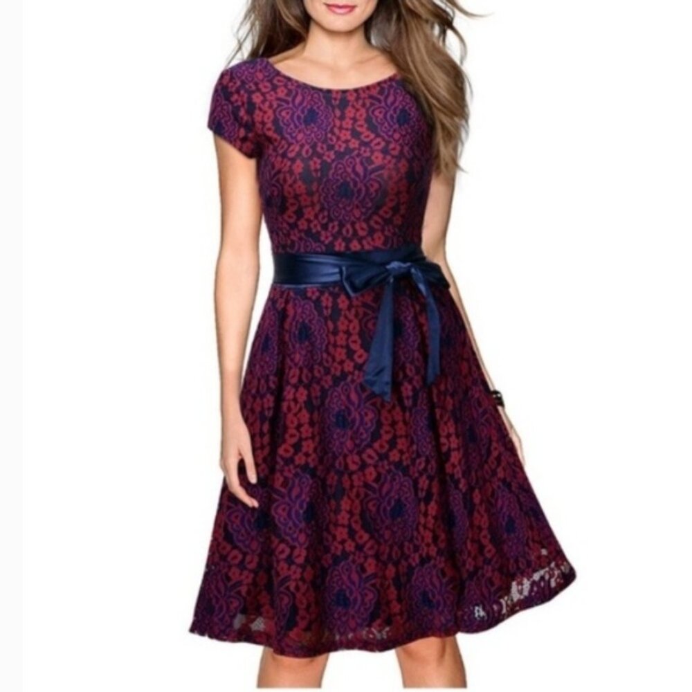 Miusol Navy and Burgundy Lace Fit-and-Flare Midi Dress